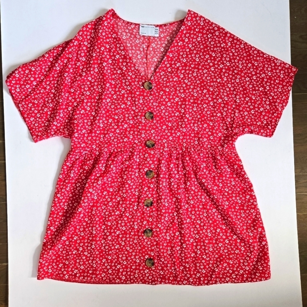 Asos Design red with white floral button down baby doll dress sz US 4